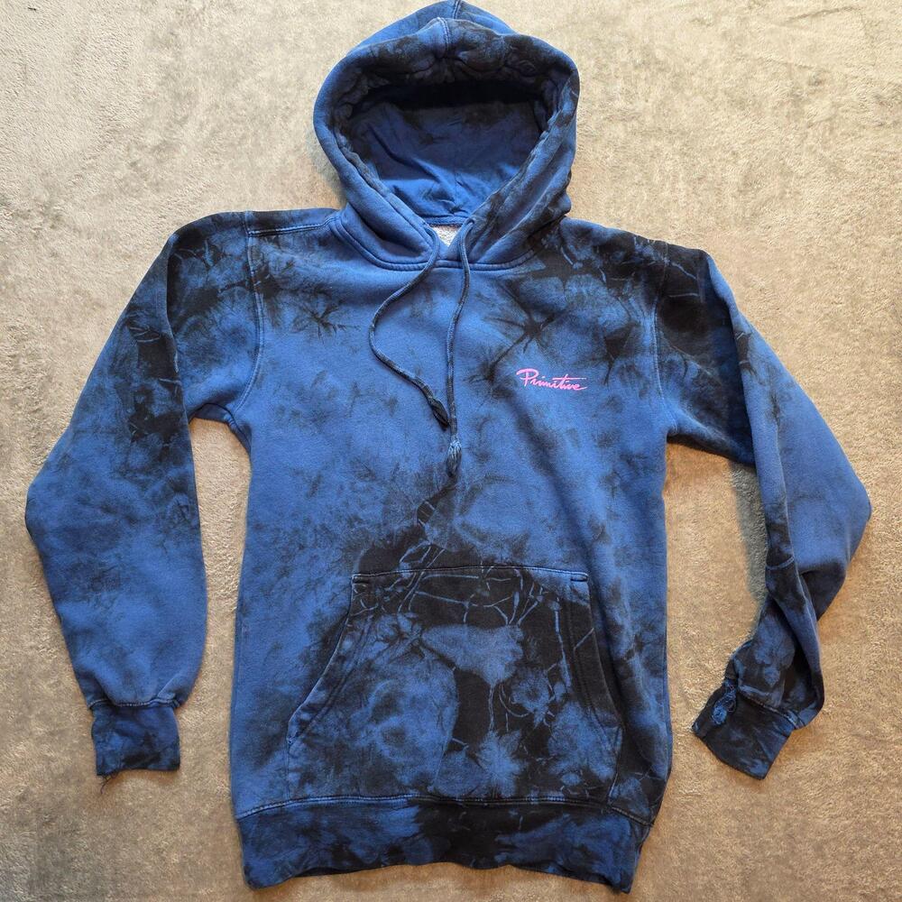 Primitive Hoodie Mens L Blue Tie Dye Fleece Pullover Art Graphic Sweatshirt